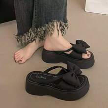 女款個性化大蝴蝶結夏季可愛百搭楔跟厚底涼鞋黑色 - 蝴蝶結黑色 - 查看 7