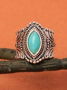 1 pieza Anillo de resina tallada estilo palacio con baño de plata antigua de aleación azul - Celeste - Ver 8