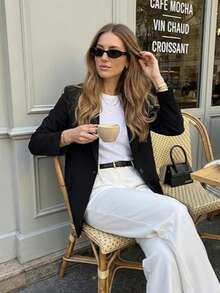 Smooth Drape Black Loose Fit Blazer, Drop Shoulder Lapel Two-Button Casual Commute Versatile Jacket - Black - View 2