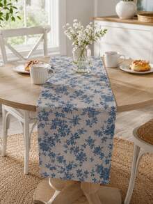 Vintage Blue Floral Table Runner, Linen-Look Polyester Farmhouse Table Decor For Dining Table, Kitchen Island & Entryway - Multicolor - View 4