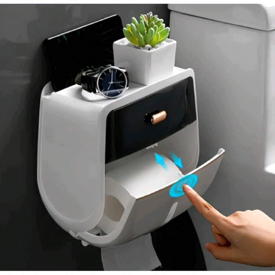 Wandmontierter Aufbewahrungsständer für Taschentücher und Handtücher | Toilettenpapierhalter mit doppelter Kapazitä| Wasserdichte Badezimmer-Aufbewahrungsbox | Bohrfreier Badezimmer-Organizer - Übersicht 1
