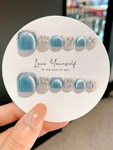 12pcs Handmade Summer Ocean Blue Toe Nails, Deep Sea Blue Iceland Style Fake Toe Nails, Short Toe Nail Art, Valentine's Day Gift, Spring Summer Round Nails, Removable And Reusable Handmade Press On Nails - Watermelon Pink - View 9