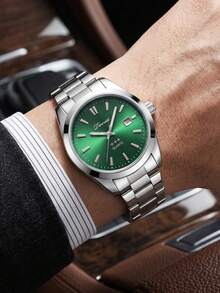 1PC Men's Watch, Minimalist Scale With Calendar Function, Business Green Dial, Quartz Watch, Suitable For Daily Wear, Party Decoration, Father's Day And Various Holiday Gifts For Father And Friends - Silver - View 3