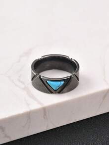 1 pieza Anillo geométrico de triángulo de acero inoxidable minimalista vintage con turquesa, accesorio de joyería retro para hombres - Negro de pistola - Ver 3