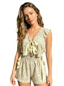 Women's Pajamas Set 2 Piece Floral Pattern Ruffled Bowknot Tie Front V-Neck Flutter Sleeve Tops With Shorts Sleepwear Outfits - Dark Gray - View 4