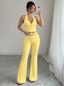 abyoxi Damen Gelbes Spitzen-Patchwork-Halterneck-Crop-Top mit Bindung hinten und Spitzen-Taillen-Hose mit hoher Taille und ausgestelltem Bein, 2-teiliges Set, jung, sexy, süß, lässig, für Urlaub, Alltag, Ausgehen, Zuhause, Date, Sommer-Outfit mit kurzem Top und langer Hose - Gelb - Übersicht 4