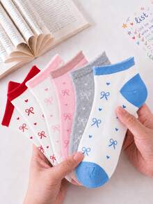 1/5 pares de calcetines de mujer de corte bajo de unicolor con lazo y corazón, suaves, cómodos, transpirables y de estilo escolar, adecuados para uso diario - Multicolor - Ver 5