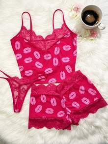 Sexy Lips Print Patchwork Rose Red Lace Deep V Neck Camisole With Bikini Panties And Thong 3 Pieces Loungewear Sleepwear Set - Hot Pink - View 4