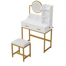 Modern Dressing Table / Fashionable Dressing Table / Rotating Mirror – Incl. Stool & Gold Metal Legs / Plenty Of Storage Space: 2 Drawers + 2 Open Shelves / White, Dimensions: 80*138.5*40 Cm - White+Gold - 查看 8