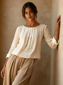 Women's Elegant Pleated Long Sleeve Blouse, Regular Fit Solid Color Top, Suitable For Spring And Autumn Wear, Vintage Style Regular Hem Top - Apricot - View 6