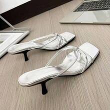 Sandalias de tacón alto para mujer Sandalias de tacón alto con tiras y punta cuadrada de estilo francés. Sandalias de cuña con tacón grueso y tiras finas. - Plateado - Ver 5