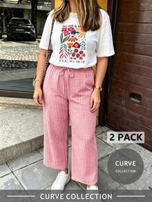 Plus Size Letter Print Round Neck Short Sleeve T-Shirt And Striped Print Pants 2-Piece Set Elegant Summer - Hot Pink - View 1