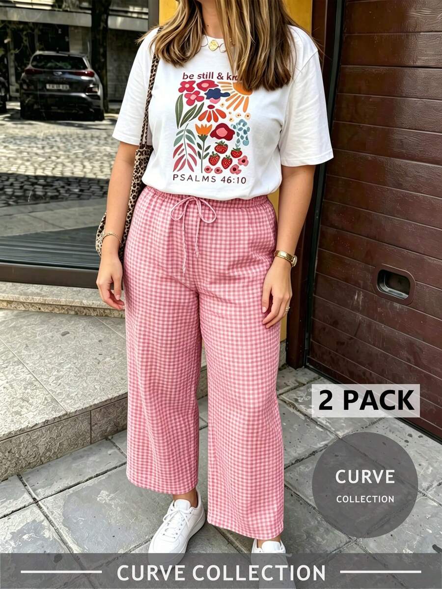 Plus Size Letter Print Round Neck Short Sleeve T-Shirt And Striped Print Pants 2-Piece Set Elegant Summer - Hot Pink - View 1