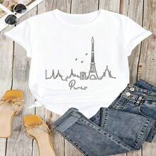 Paris Skyline Graphic T-Shirt, 100% Cotton Oversized Soft Breathable Casual Crewneck Short Sleeve Top, Romantic Aesthetic Summer Vibes Tee For Women & Travel Lovers - 白色 - 查看 18