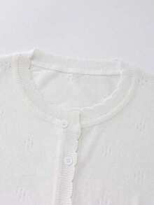 Women's Summer Casual Cropped Openwork Knit Cardigan, V-Neck, Regular Fit, Button Front, Long Sleeve, White, Sweet Elegant Lightweight Layer - White - View 3