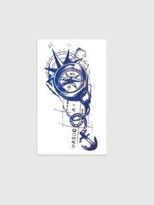 1pc Blue-Toned Hand-Drawn Nautical Style Compass Anchor Map Combination Pattern Tattoo Sticker, Temporary Tattoo Sticker, Realistic Tattoo Design, Suitable For Travel, Music Festivals, Games, Graduation Gifts, For 3-5 Days - Multicolor - View 4