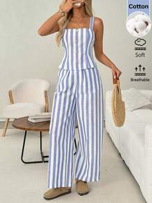 informal de estilo antiguo, conjunto de pantalones de lino blanco, conjunto de 2 piezas de lino color crema, conjunto de 2 piezas de algodón para verano, conjunto de ropa casual de primavera - Azul y blanco - Ver 1