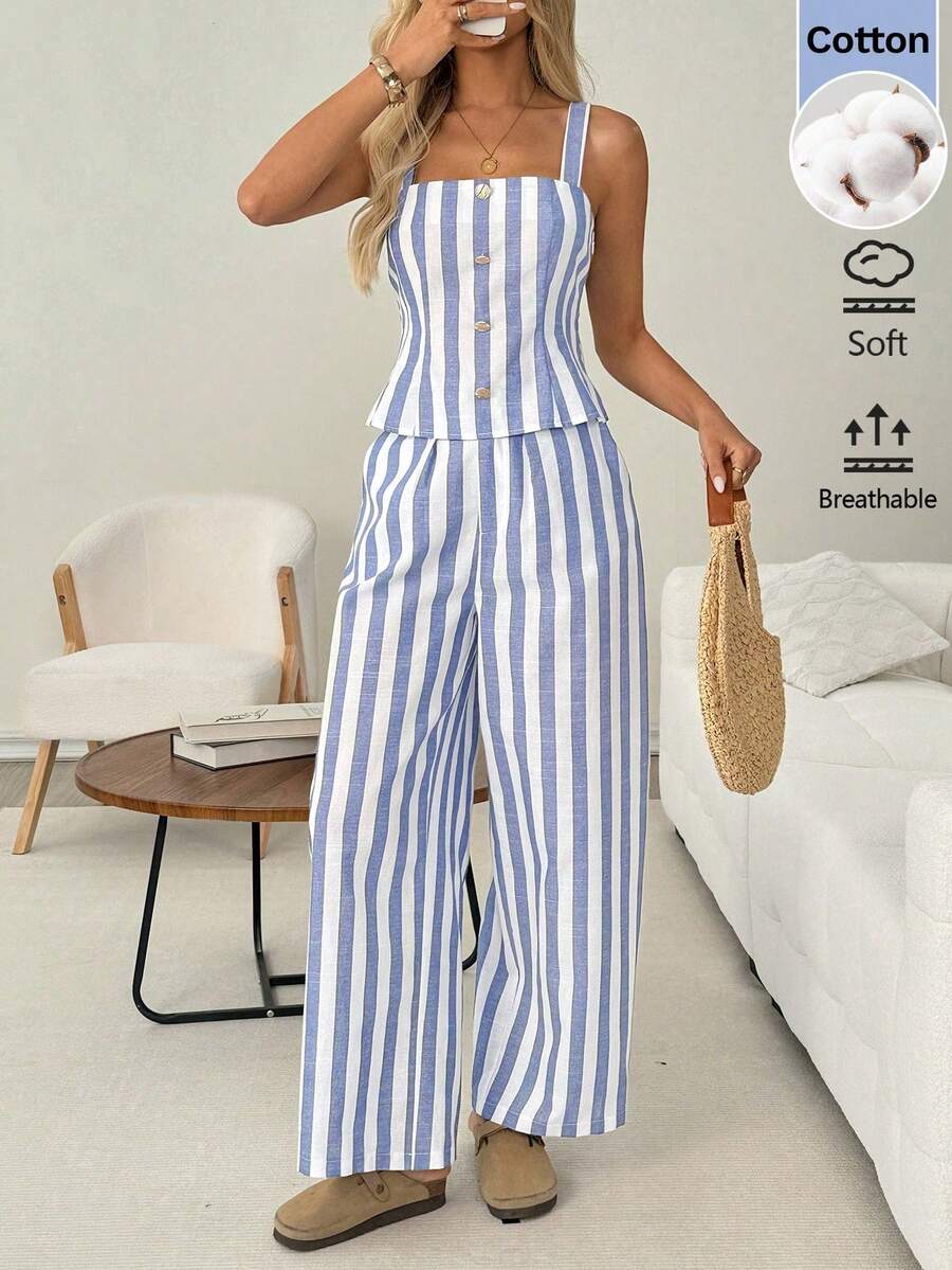 informal de estilo antiguo, conjunto de pantalones de lino blanco, conjunto de 2 piezas de lino color crema, conjunto de 2 piezas de algodón para verano, conjunto de ropa casual de primavera - Azul y blanco - Ver 1