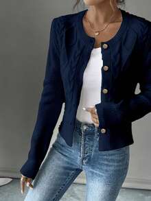 Women's Autumn/Winter Knit Cardigan Sweater, Short Length Long Sleeve Top, Layering Piece Fall - Navy Blue - View 4