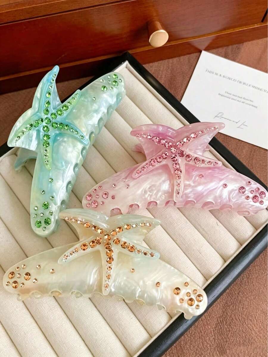 3件/組 幻彩貝殼 & 海星水鑽髮夾,奢華閃亮水晶抓夾,女孩日常通勤髮飾,多色可選 - 彩色 - 查看 1