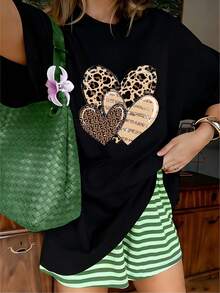 Western Leopard Print Glitter Stripe Hearts Graphic T-Shirt, 100% Cotton Oversized Soft Breathable Stylish Tee, Casual Crewneck Short Sleeve Top For Daily Wear & Country Style Lovers - 黑色 - 查看 10