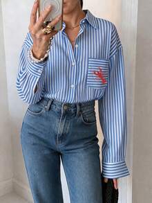Women's Spring/Autumn Fashion Casual Street Style Loose Fit Y2K Colorblock Striped Lobster Print Round Neck Long Sleeve Top, Suitable For Brunch And Outings - Blue - View 2
