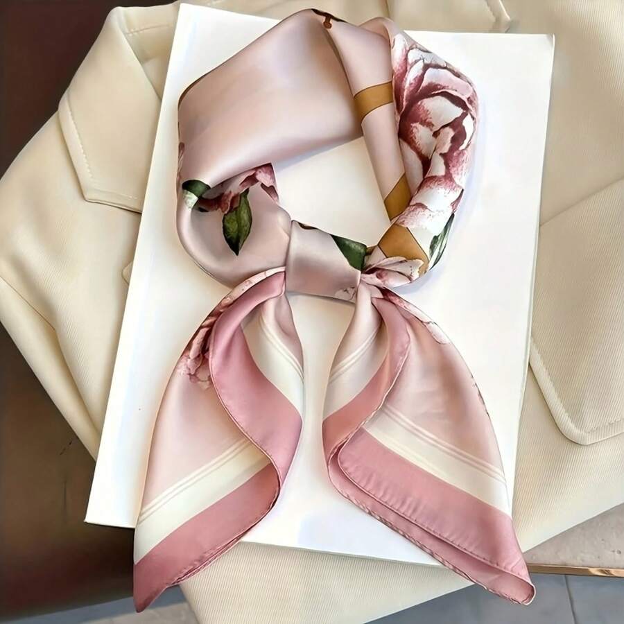 YZNT Mulberry Silk Scarf, Pink And White Floral. Versatile For All Seasons, Elegant. Hand Wash Or Dry Clean. Exquisite And Fashionable Accessory. - 粉色 - 查看 1
