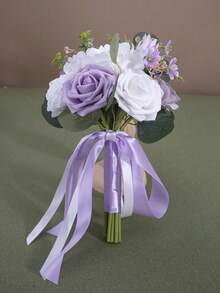 7 Inch White & Lavender Purple Bohemian Style Wedding Bouquet, Suitable For Bride, Bridesmaid, Artificial Flowers, Suitable For Ceremony - Multicolor - View 3