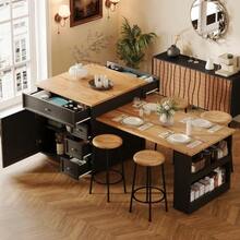 Extendable Kitchen Island (120-184 Cm) With Drawers And Casters, Mobile Island With Wood-Effect Top, Versatile Countertop For Kitchen, Dining Room And Bar, White - 黑色 - 查看 12