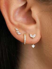 3 Pairs/6pcs Set Exquisite Leaf Zirconia Small Earring Set, 18K Gold Plated, Unique Adjustable Ear Cartilage Studs, Ear Piercing Jewelry - 6pcs Earrings Set - View 10