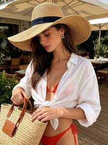 1pc Women's Elegant Foldable Sun Hat - Khaki, With Vintage Mesh Ribbon Decor, UV Protection, Suitable For Summer Vacation,Holiday,Travel - Multicolor - View 1