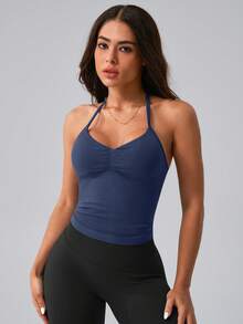 NcmRyu Top deportivo de mujer de una pieza, color liso, cuello halter, tirantes de espagueti ajustables, escote en V, fruncido y espalda descubierta - Azul Marino - Ver 9