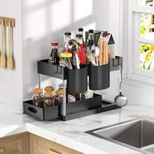 Estante de almacenamiento deslizante de doble capa bajo el fregadero con ganchos y portavasos, organizador de gabinete extraíble para cocina y tocador de baño, estante de especias deslizante multifunción, organizador de suministros de limpieza, estante de almacenamiento para fregadero de cocina - Negro - Ver 5