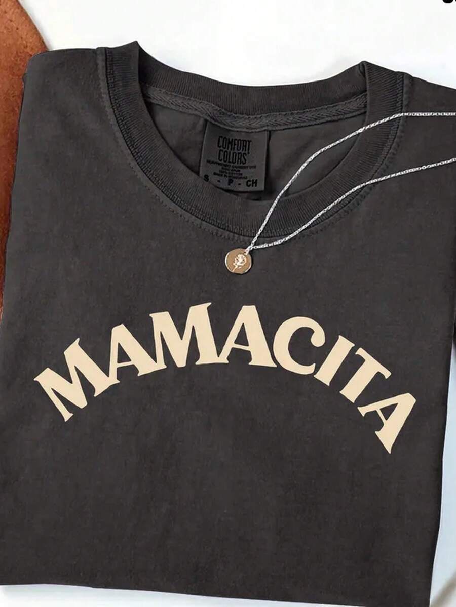 Washed Cotton MAMACITA Black Printed Curved Top, Premium Batik Cotton Fashion Tee, All Season Daily Wear, 2026 Summer Casual Short Sleeve Tops - 黑色 - 查看 1