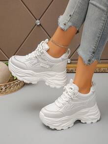 Women's Wedge Thick Sole Athletic Shoes Lace-Up Mesh Patchwork Chunky Sneakers Inner Height Increase Casual Shoes - White - View 4
