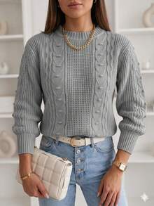 Women's Long-Sleeved Ribbed Blouse With A Round Neck And Braided Knit Details, In A Wool-Like Fabric. - Light Grey - View 2