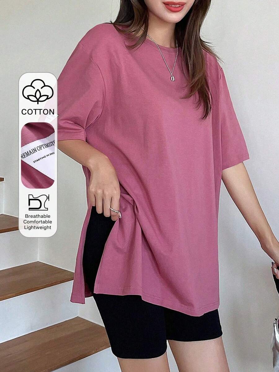 SXDazy-Less Camiseta de manga corta holgada con parche de letras y bajo con abertura, camiseta de verano oversize, ropa casual de negocios para mujer - Rosa Roja - Ver 1