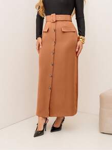 Our Fashionable Women's High-Waisted Midi Skirt With Front Buttons And Belt – Elegant And Versatile In Faux Leather 2026 - 摩卡棕 - 查看 5