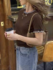 Women's Summer Casual Colorblock Ruffle Trim Round Neck Short Sleeve Knit Pullover - Coffee Brown - View 5