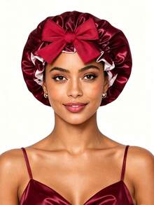 CONFLASS 1pc Luxury Reversible Ruffle Trim Satin Sleep Bonnet With Large Bow, Adjustable Tie Silk Hair Bonnet For Women Curly Hair Night Cap For Natural Curly Hair Daily Sleeping Hair Care - Multicolor - View 1