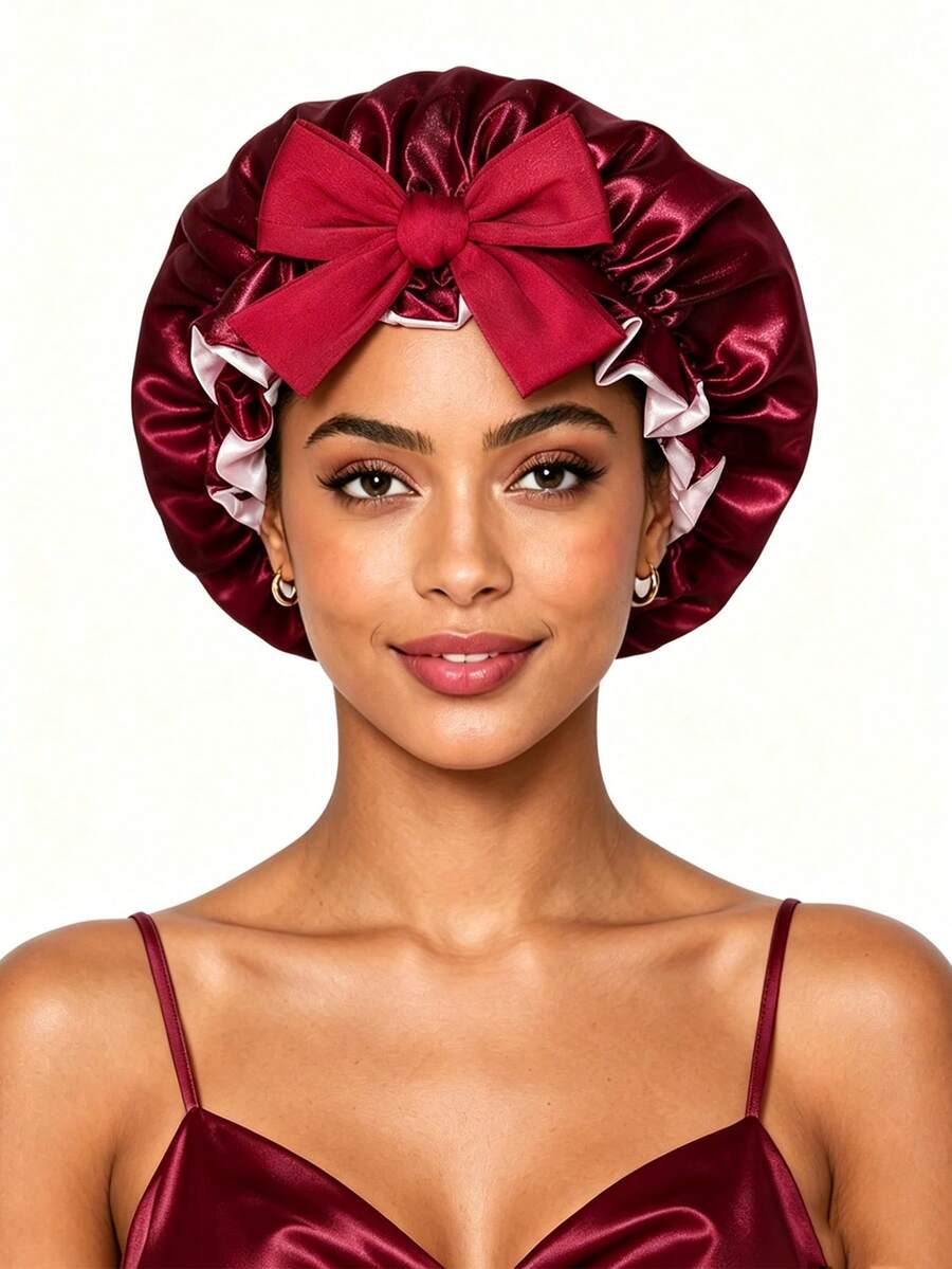 CONFLASS 1pc Luxury Reversible Ruffle Trim Satin Sleep Bonnet With Large Bow, Adjustable Tie Silk Hair Bonnet For Women Curly Hair Night Cap For Natural Curly Hair Daily Sleeping Hair Care - Multicolor - View 1