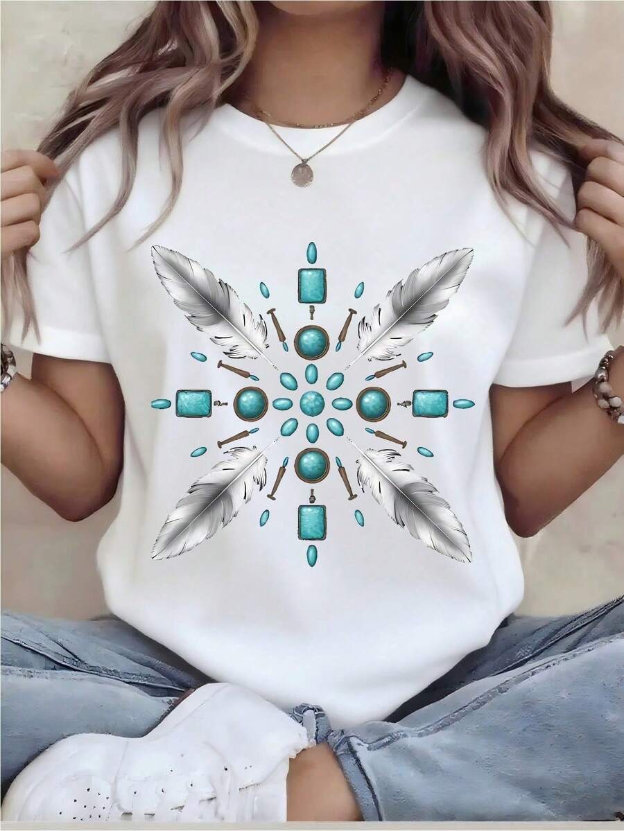 Black Crew Neck T-Shirt With A Radial Design Of White Feathers And Turquoise Stones. Cool Cotton Fabric, Loose Feminine Fit Ideal For Bohemian Looks In The Warm Season. - 白色 - 查看 1