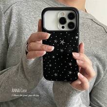 Autumn/Winter Black & Grey Denim Starry Pattern Phone Case Compatible With IPhone 17 Pro Max, 14, 17 Pro, 15 Pro, 16 Pro Max, 16, Soft Shockproof Protective Cover For Girls - Black - View 2