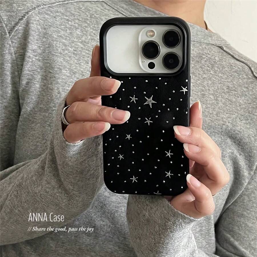 Autumn/Winter Black & Grey Denim Starry Pattern Phone Case Compatible With IPhone 17 Pro Max, 14, 17 Pro, 15 Pro, 16 Pro Max, 16, Soft Shockproof Protective Cover For Girls - Black - View 1