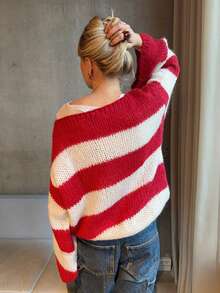 Women's Red Striped Short Sleeve Knit Cardigan, Front Button Regular Length Round Neck Spring/Summer Jacket, Suitable For Spring/Summer Fashion Cute Cardigan - Red - View 3