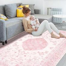 Washable Boho Area Rug 5'*7' Pink White Large Living Room Rug Non-Slip Soft Oriental Vintage Color Bedroom Carpet Dining Room Nursery Home Office Indoor Decor - Multicolor DT2 - View 3