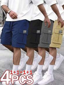 Men's 4pcs/Set Summer Casual Cargo Pants, Multi-Pocket Design With Drawstring Waist, Unisex Style, Convenient For Travel, Solid Color Versatile Sports - Multicolor - View 4