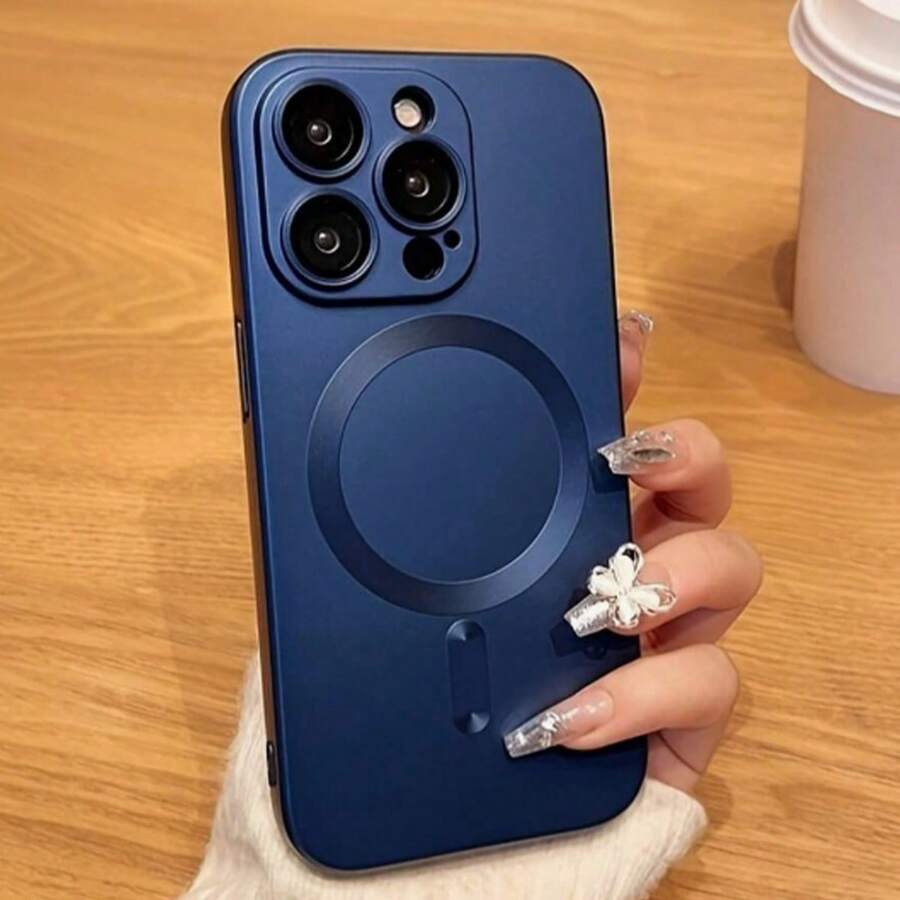 Matte Metallic MagSafe Phone Case, Ultra-Thin Scratch-Resistant Aluminum Texture Wireless Charging Protective Cover, Lens Film Dustproof Mesh Magnetic, Compatible With IPhone 17 16 15 14 13 Pro Max 12 Pro Max 11 Phone Case, Various Holiday Gifts - Blue - View 1