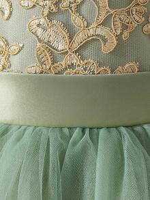 女嬰刺繡蝴蝶婚禮花童公主禮服附拖尾，適合派對與度假，布料花紋隨機裁剪，不含髮箍 - 綠色 - 查看 8