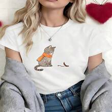 Kawaii Cat Lover Graphic T-Shirt, 100% Cotton Oversized Soft Breathable Casual Crewneck Short Sleeve Top, Summer Vibes Streetwear Style For Women & Cat Enthusiasts - 白色 - 查看 11